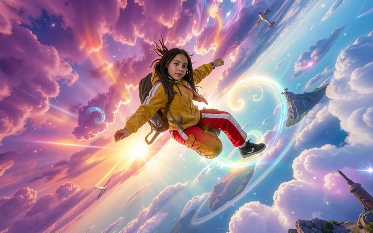 Девушка в желтой куртке среди парящих островов