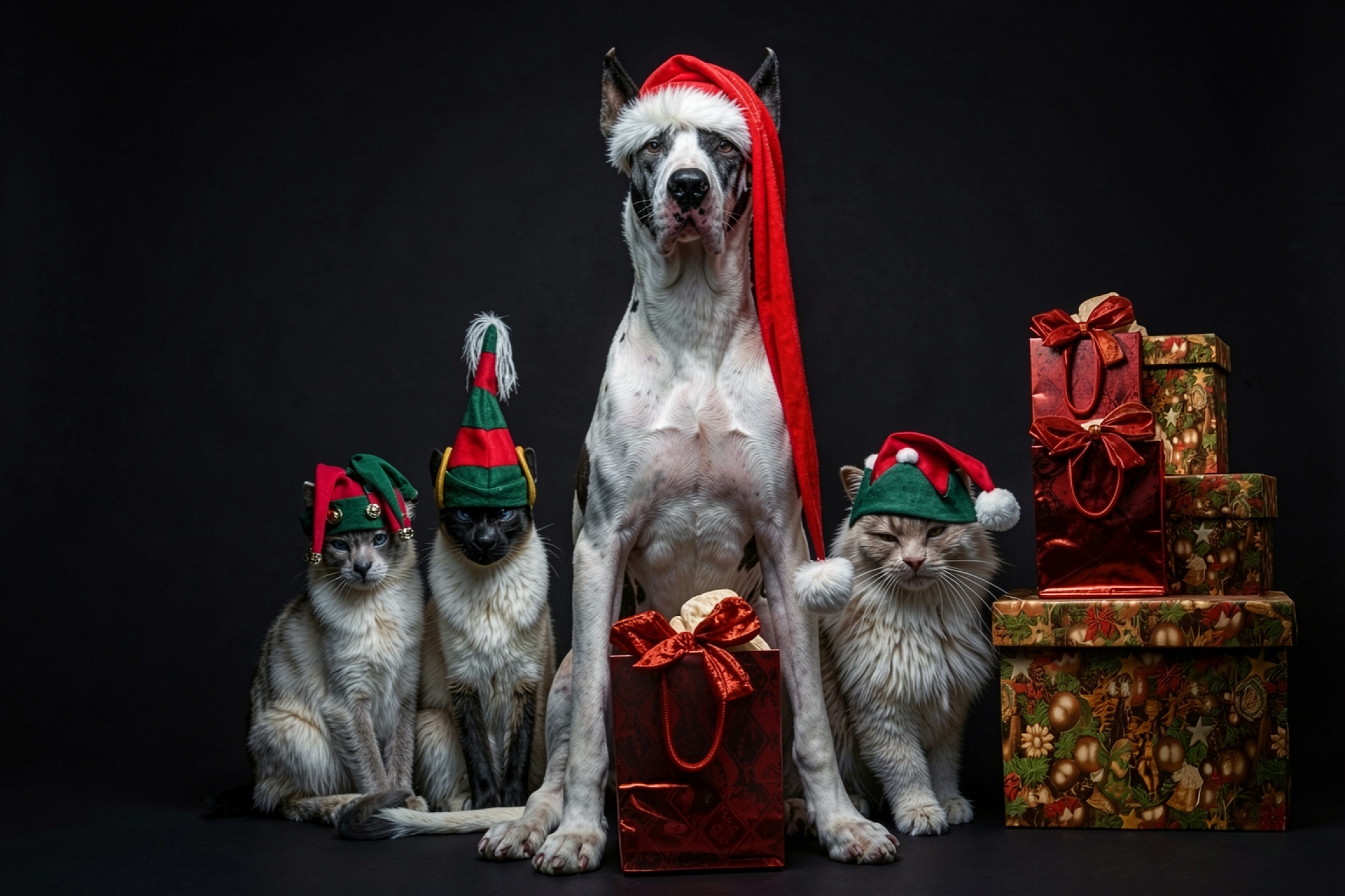 Собака и коты в новогодних колпаках с подарками