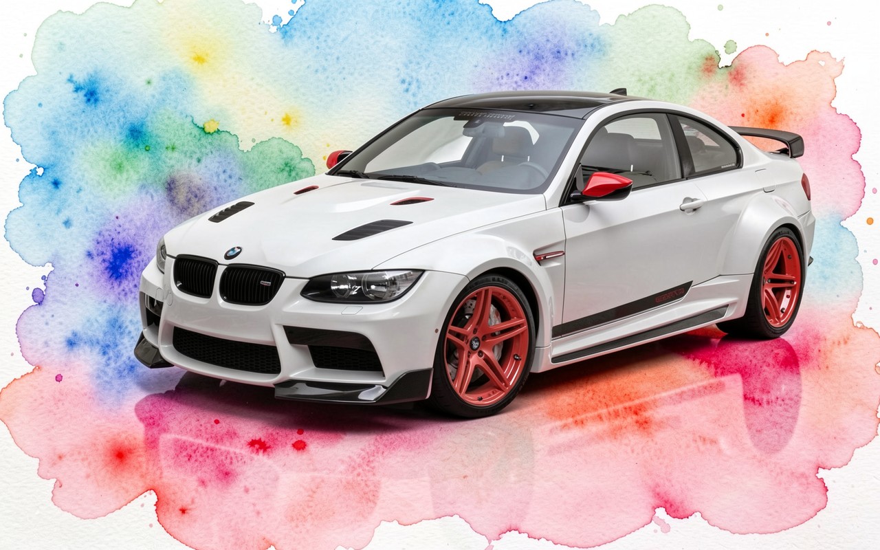 Белый BMW M3 с красными дисками акварель