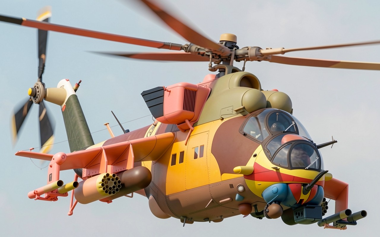 Боевой вертолет в ярком разноцветном камуфляже