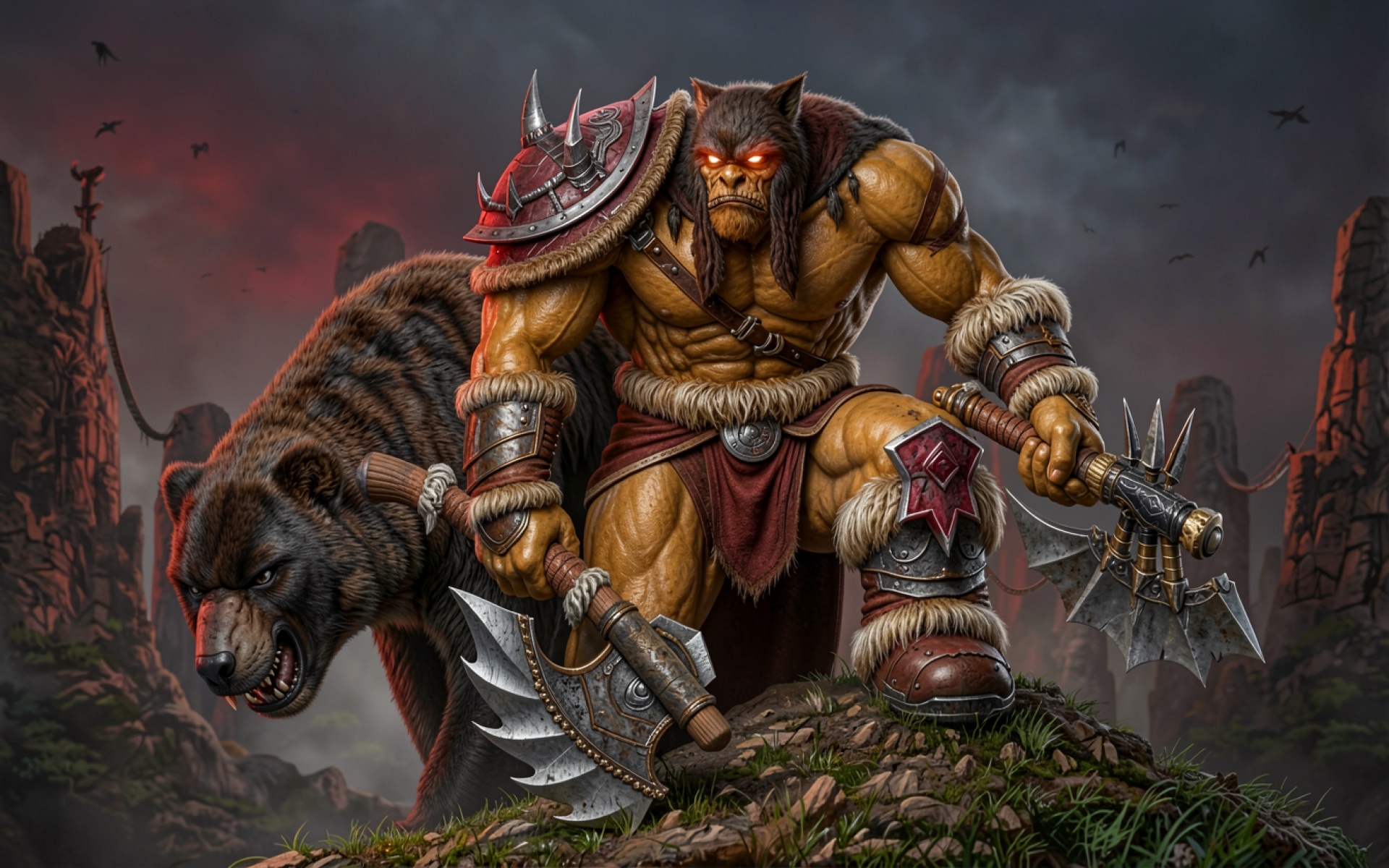 Воин оборотень с медведем в темном лесу