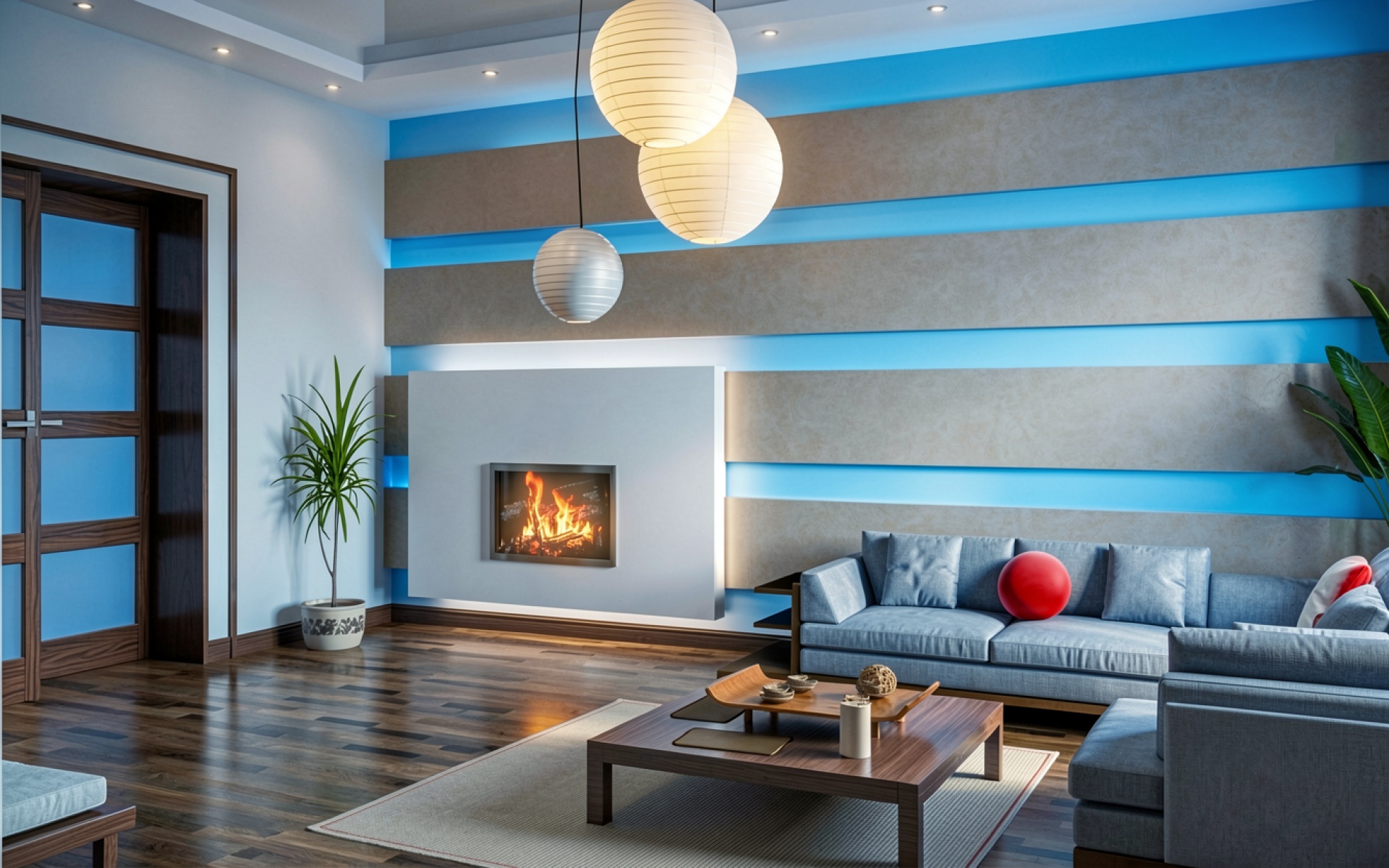 Современная гостиная в синих тонах с камином