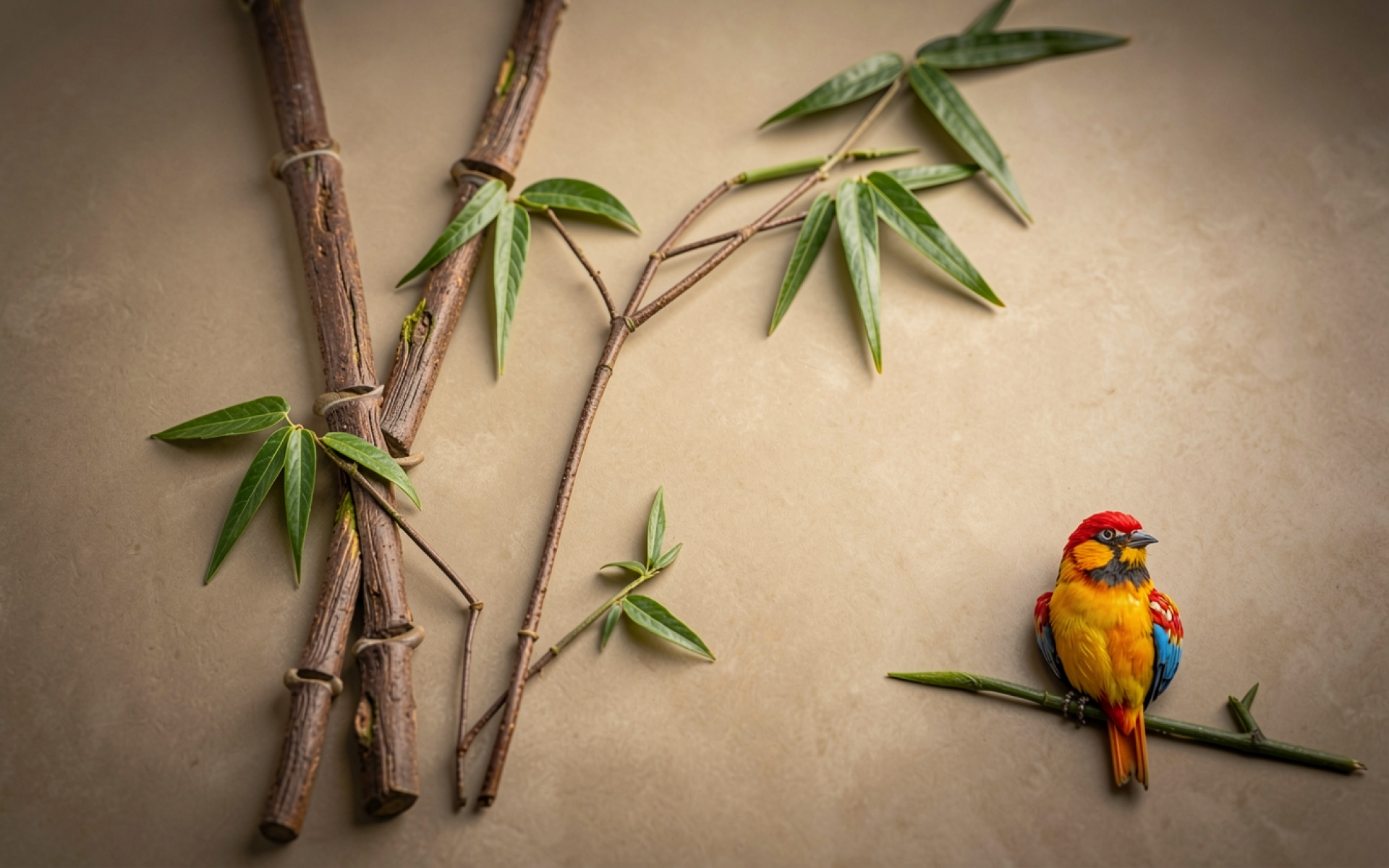 Яркая птица на ветке бамбука бежевый фон