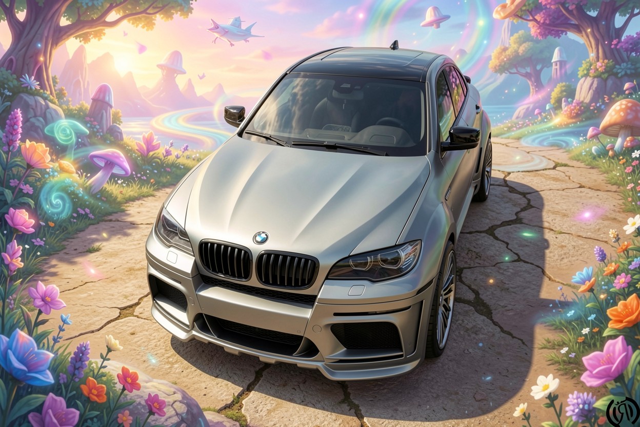 Серебристый автомобиль BMW в сюрреалистичном сказочном лесу