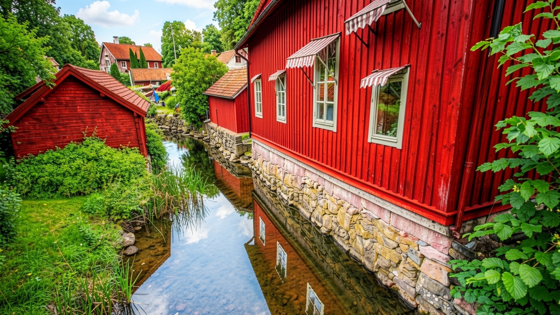 Красные деревянные дома у прозрачного ручья