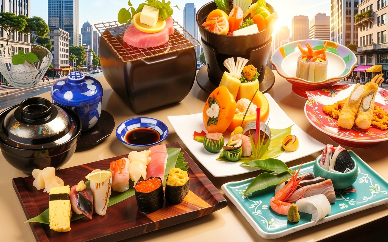 Набор японских суши и роллов на столе