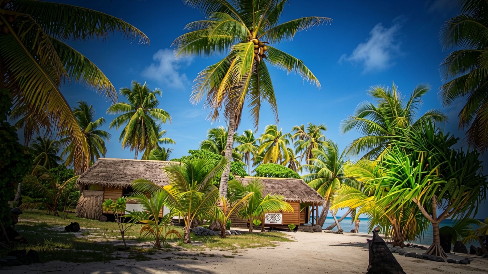 Тропический пляж с пальмами и хижиной