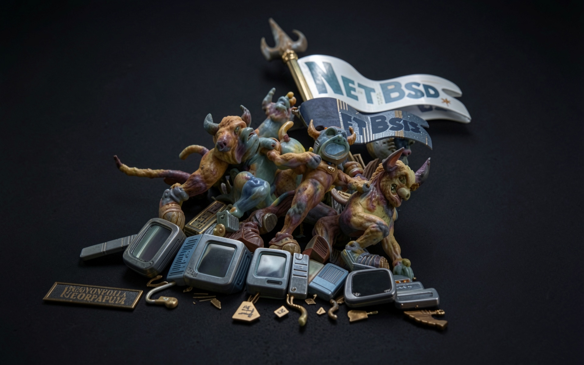 Фигурки демонов NetBSD на фоне старых телевизоров