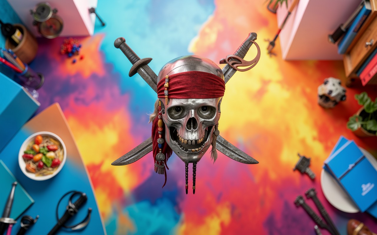 Пиратский череп с красной повязкой и саблями