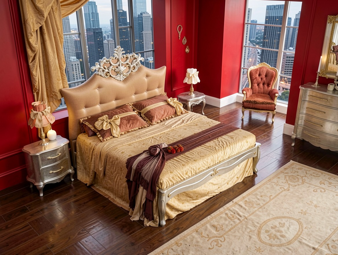 Роскошная спальня в красных тонах с золотой кроватью