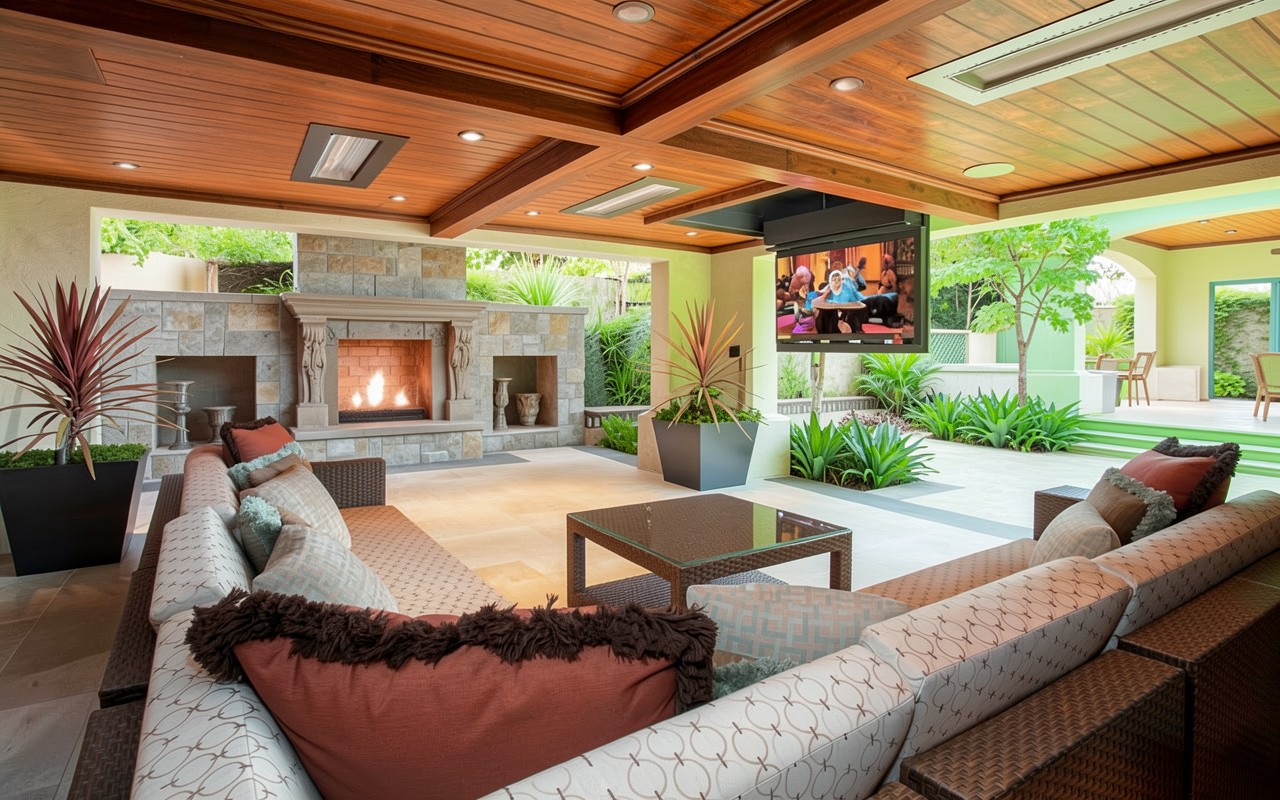 Роскошная гостиная на открытом воздухе с камином