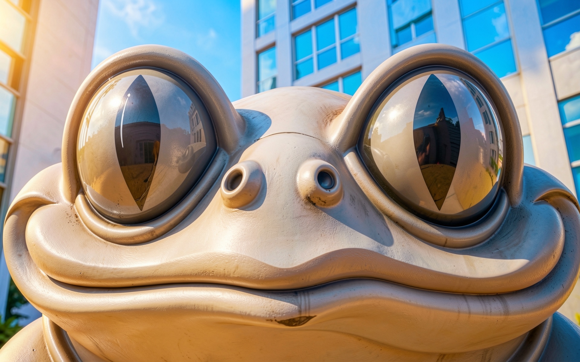 Золотая статуя лягушки на фоне современных зданий