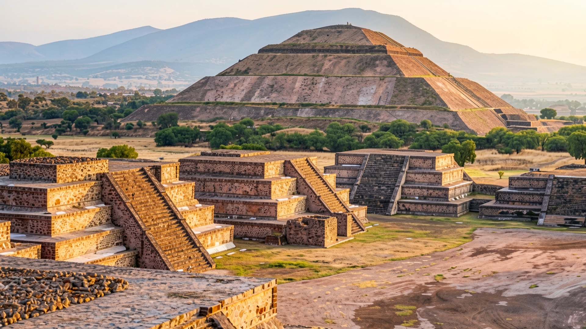 Пирамида Солнца в Теотиуакане при закатном свете