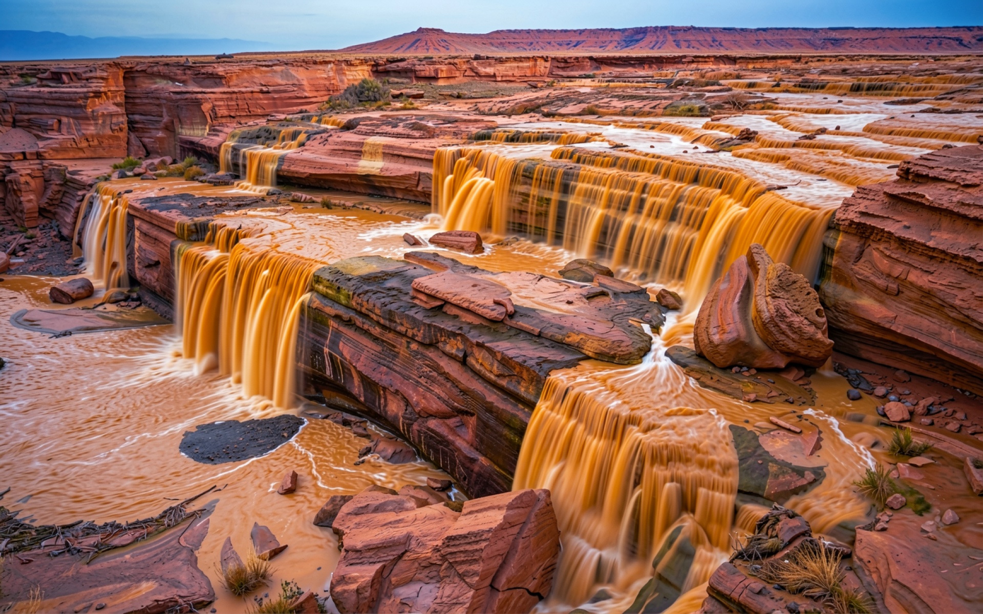 Оранжевый водопад в красном каньоне пустыни