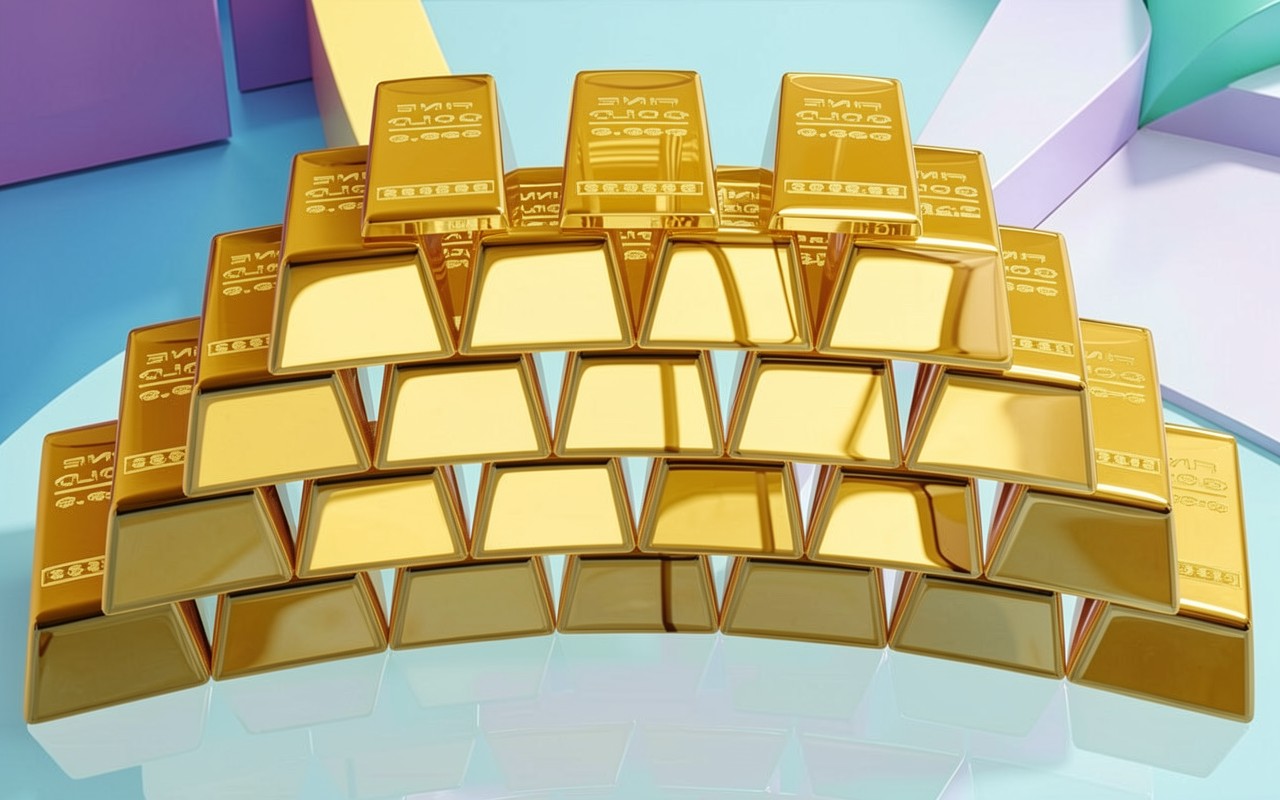Золотые слитки в футуристическом интерьере с неоном
