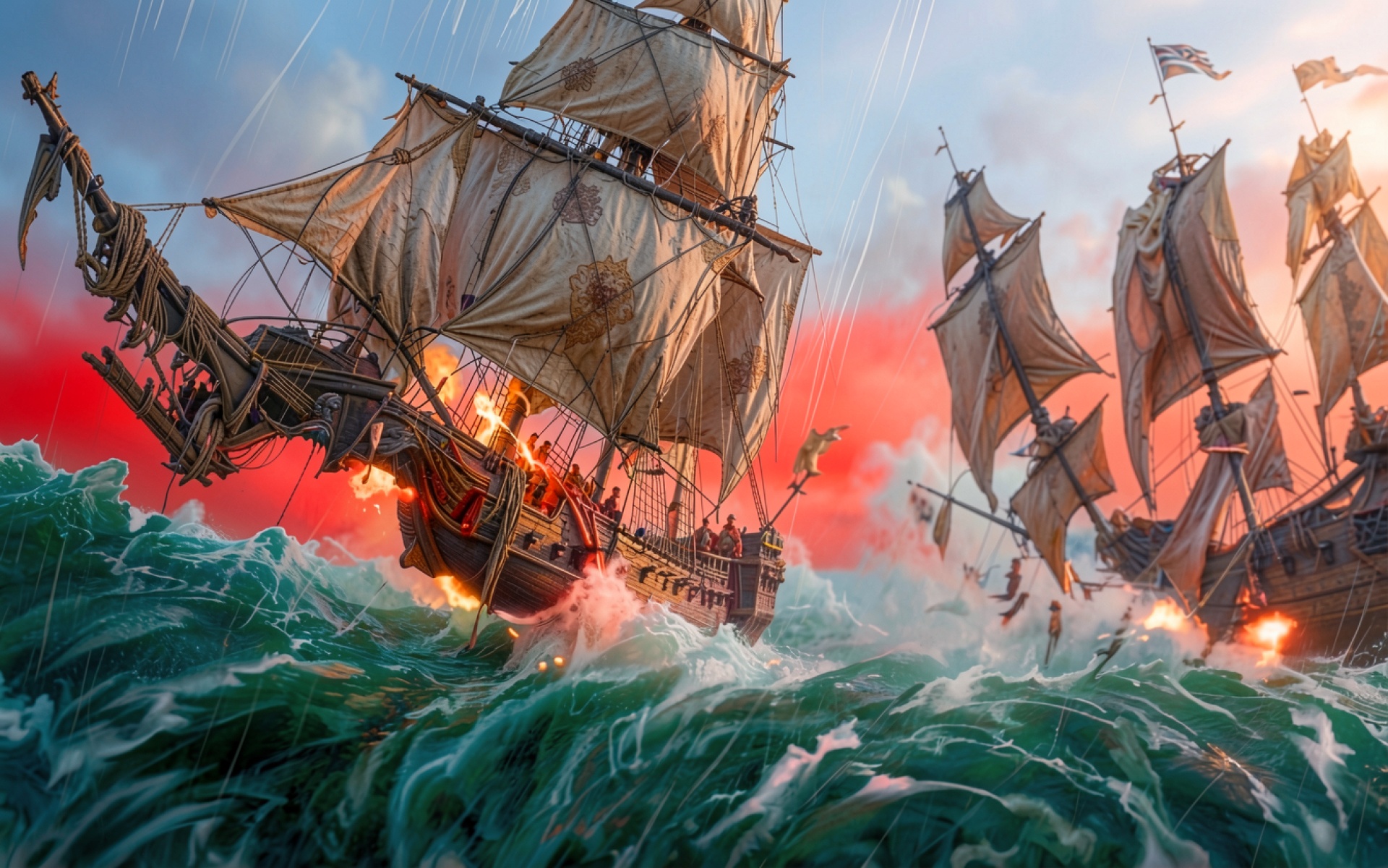 Парусный корабль в штормовом океане при закате