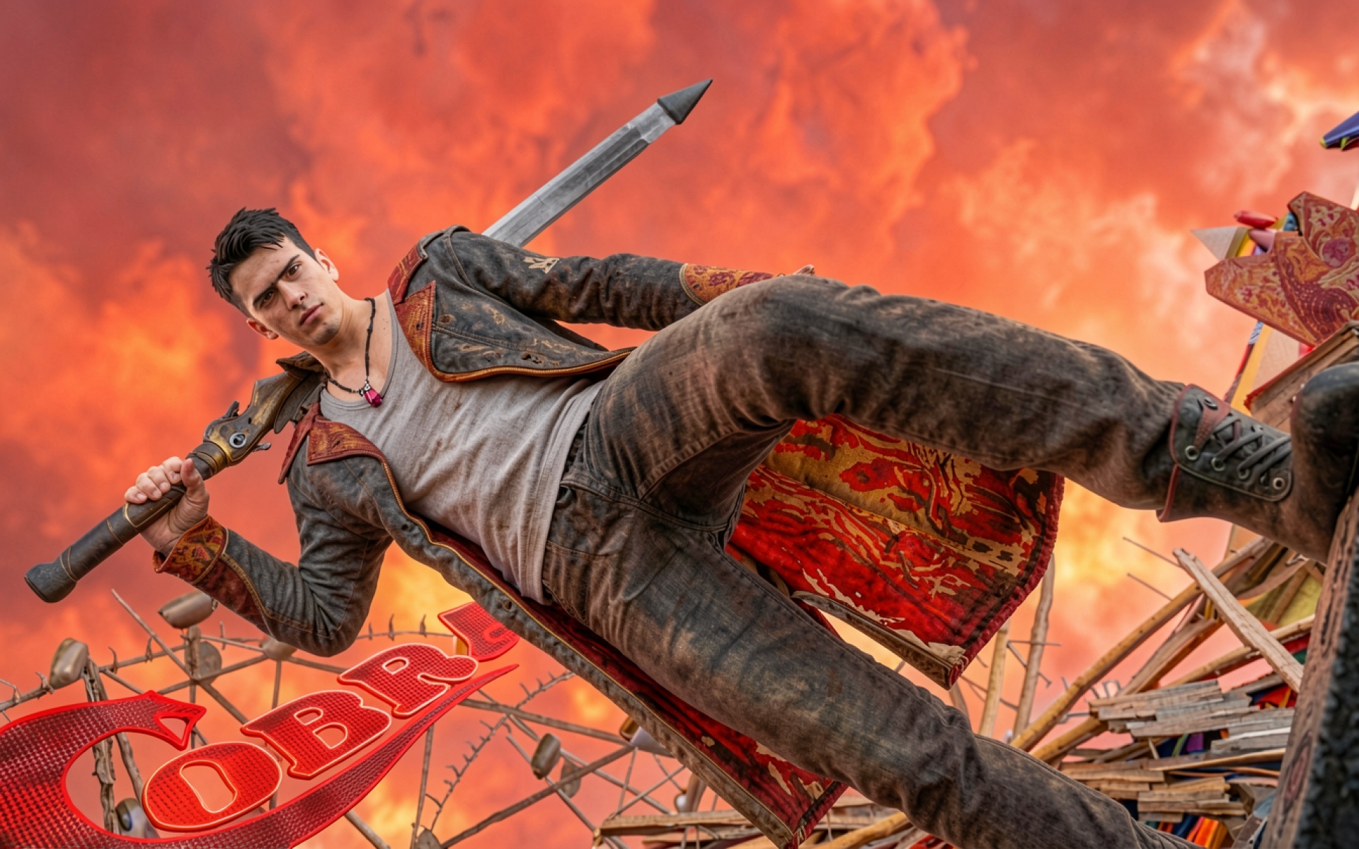 Мигель Диас с мечом на фоне огня