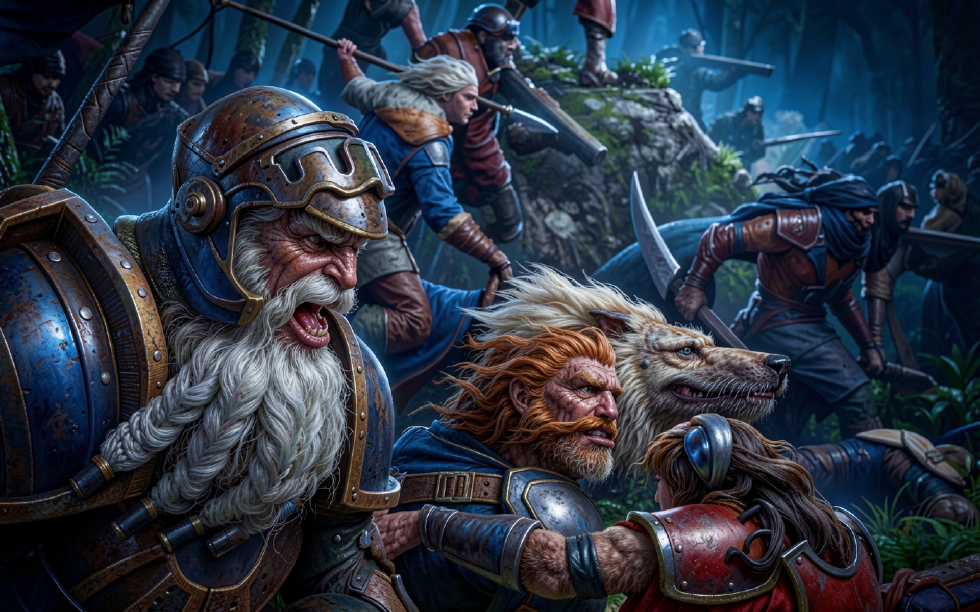 Группа воинов гномов в темном лесу