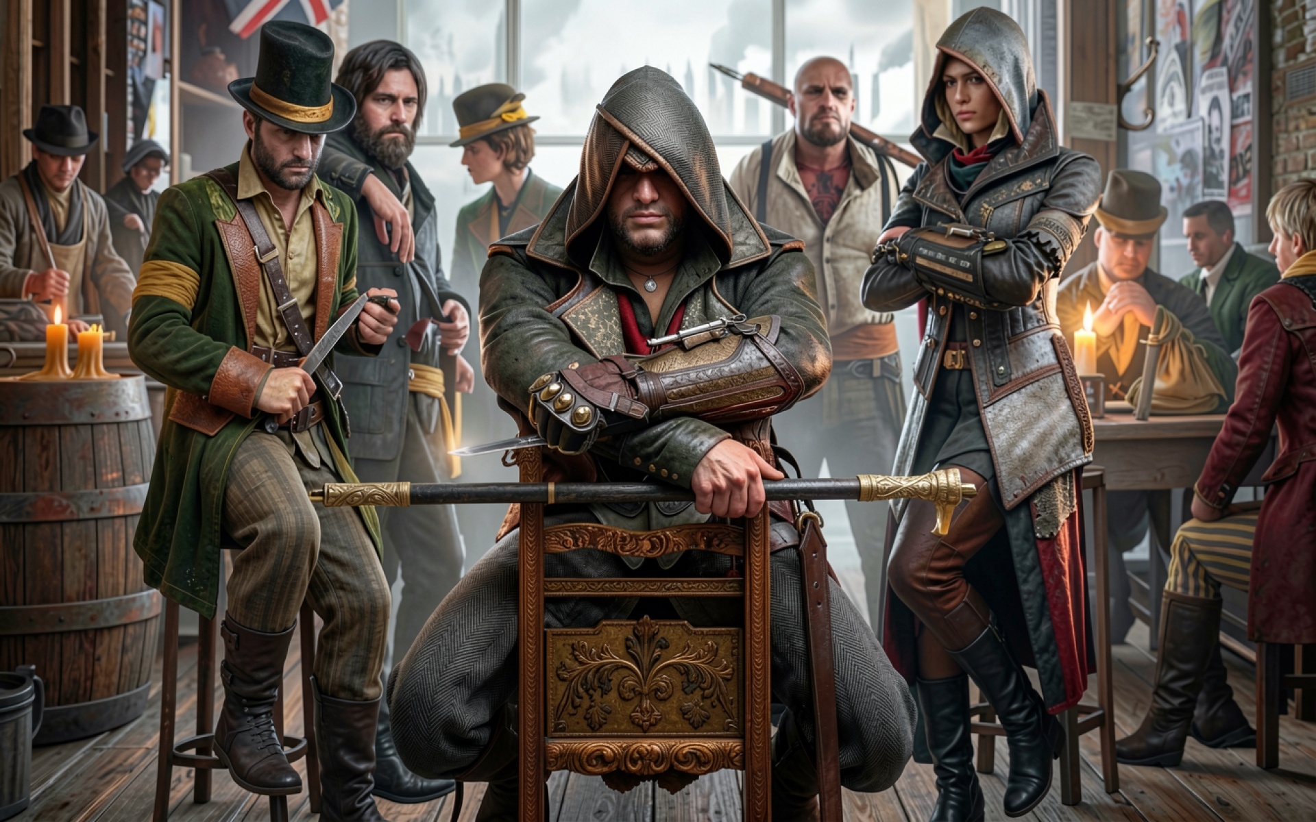 Группа ассасинов в темном интерьере таверны