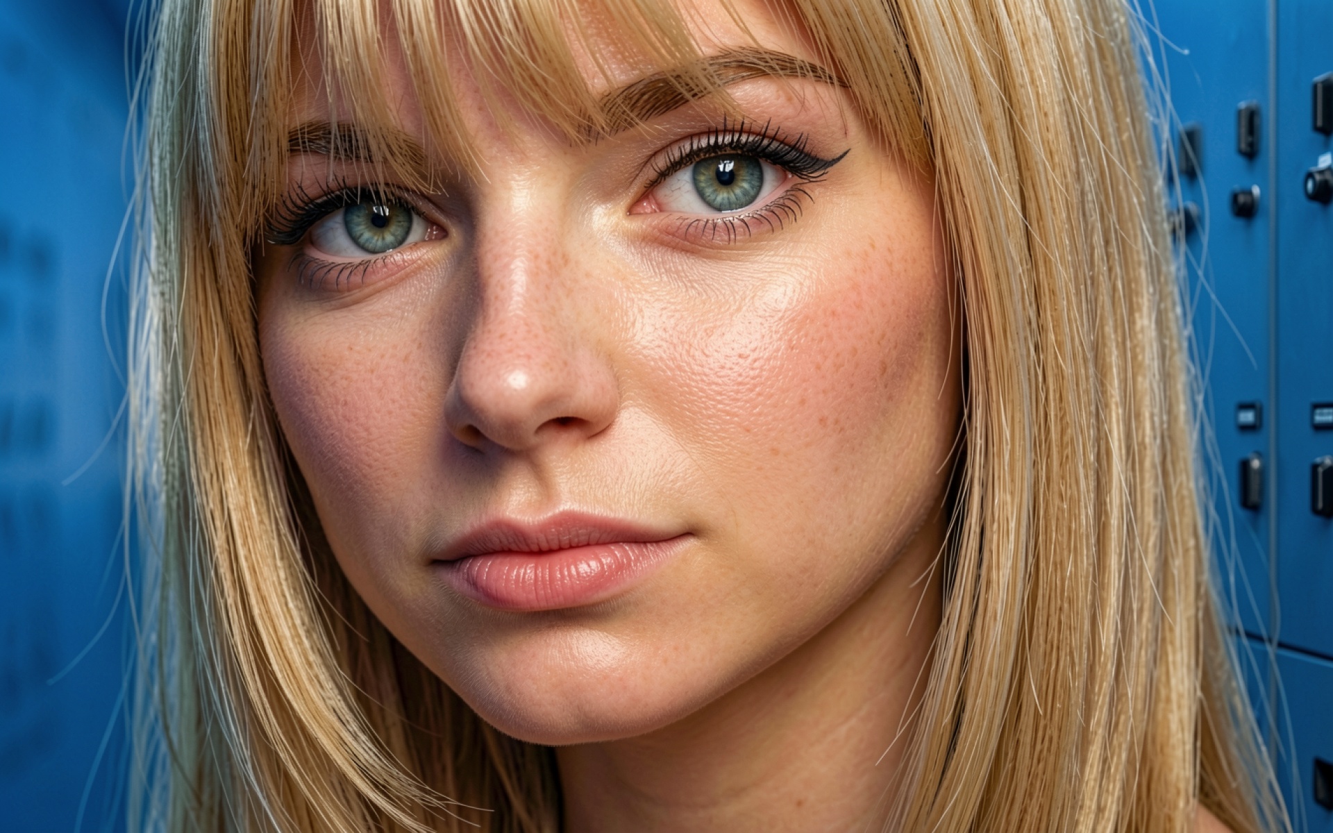 Блондинка с веснушками в синем школьном коридоре