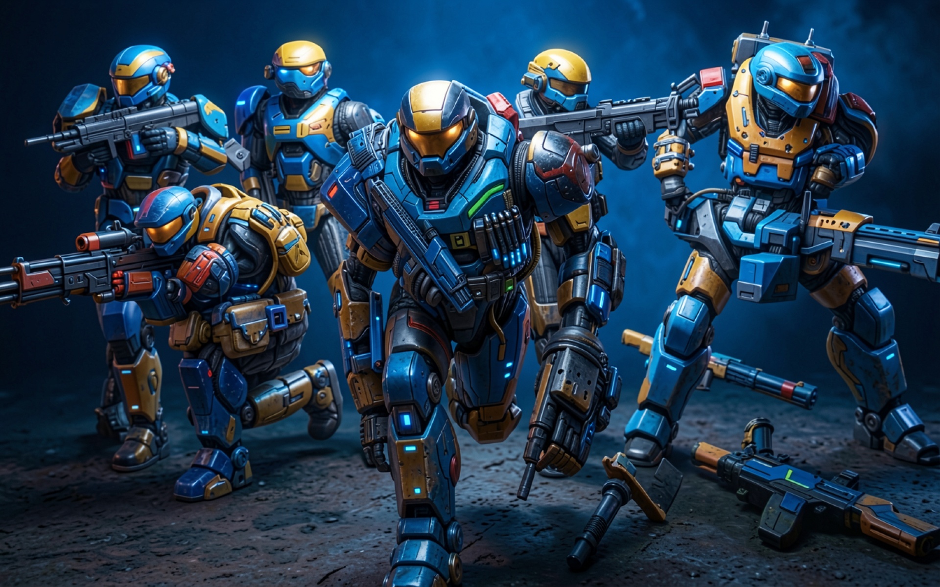 Отряд синих роботов в футуристической броне