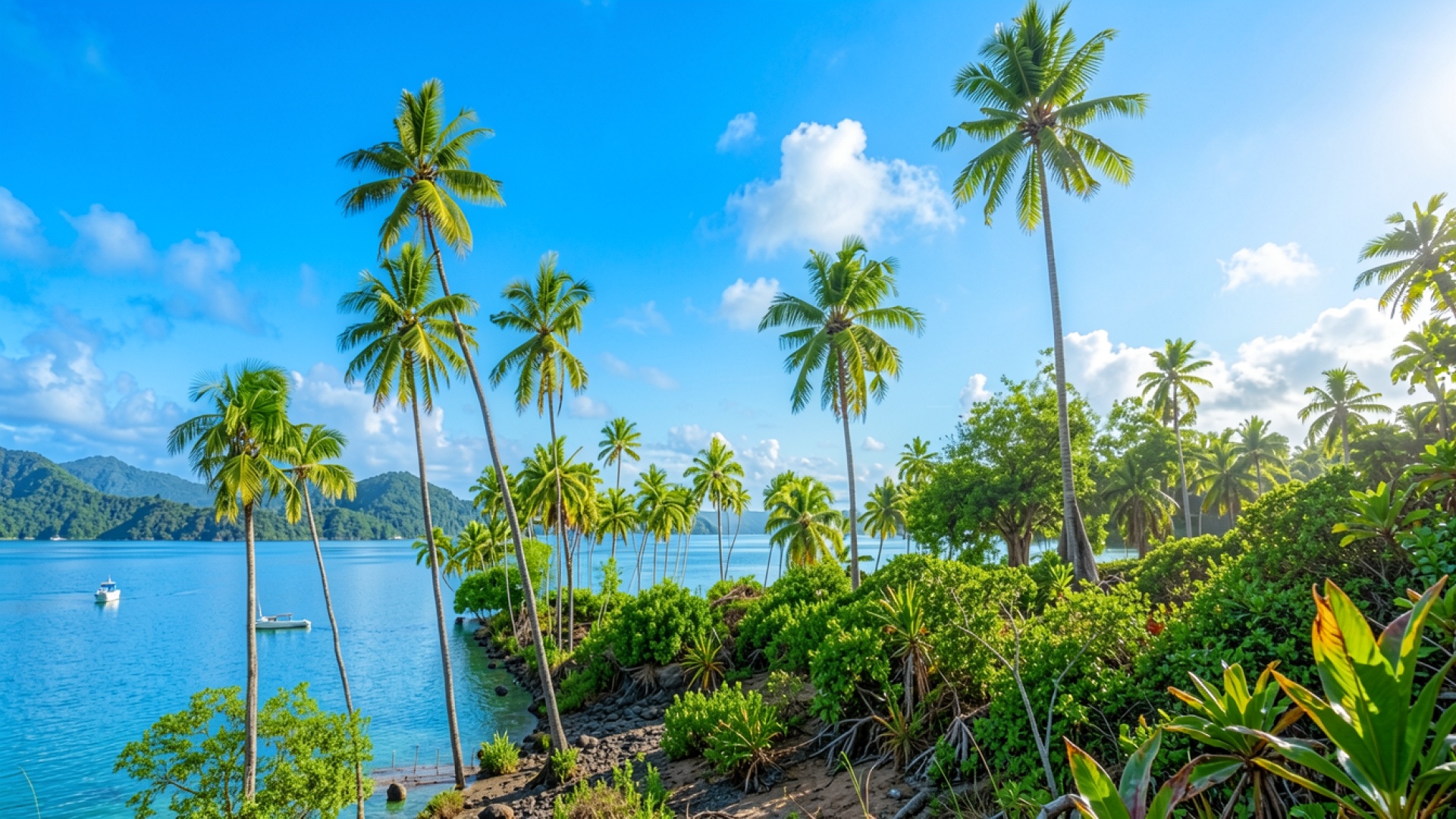 Тропический пляж с пальмами и голубым морем
