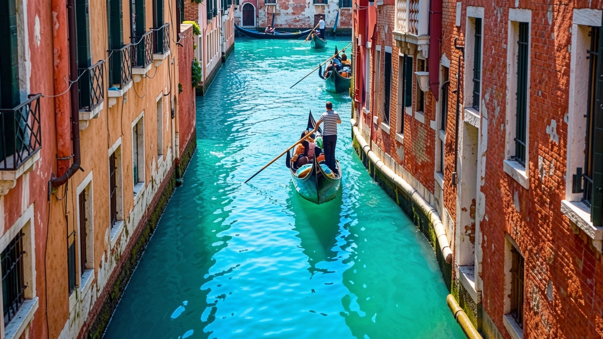 Гондола в узком канале Венеции днем