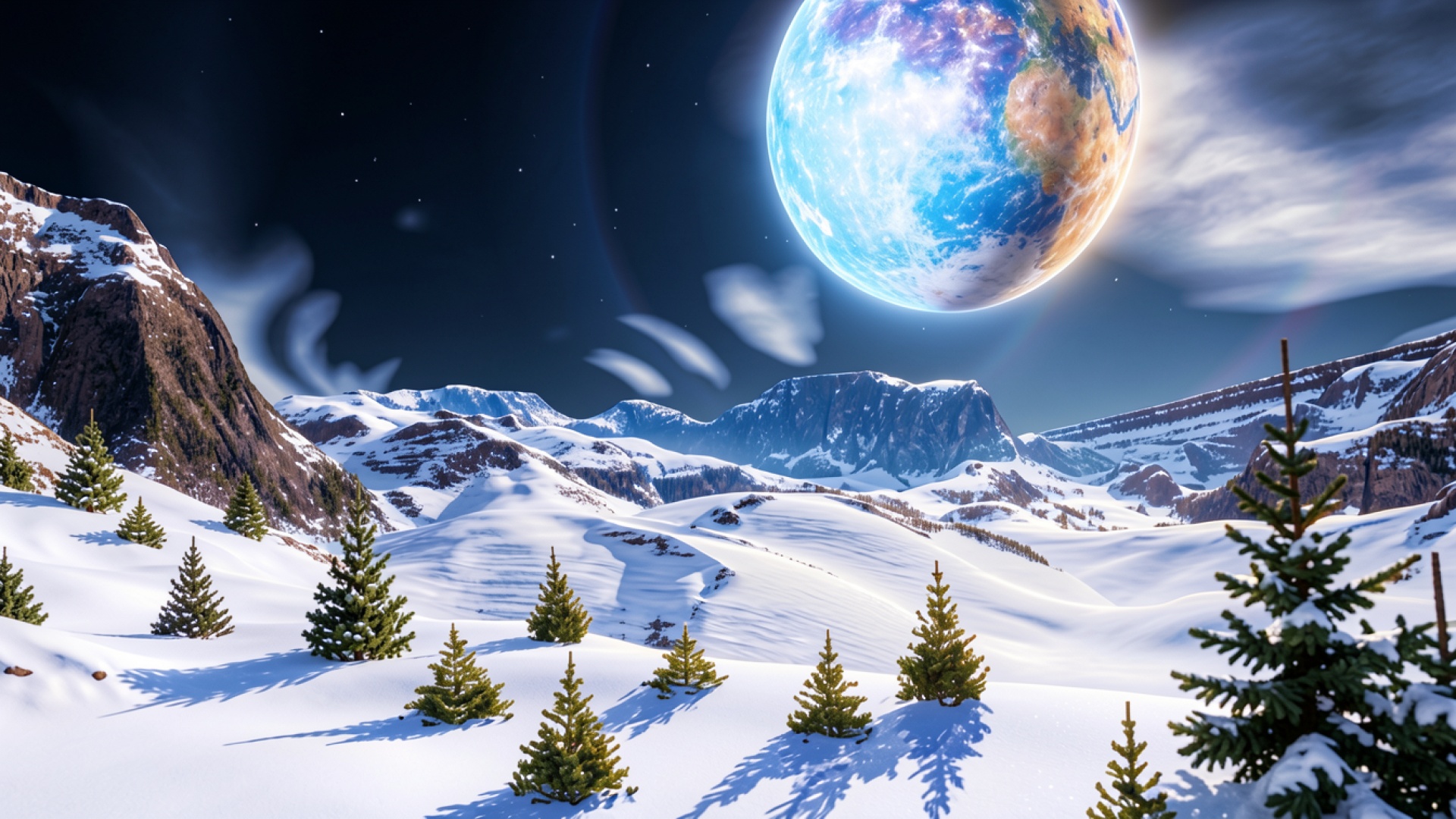 Зимний горный пейзаж с огромной планетой