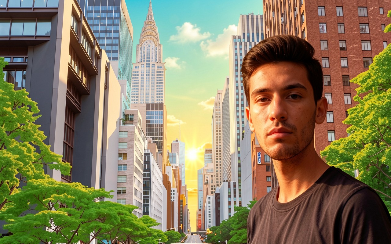 Молодой мужчина в центре города при закате