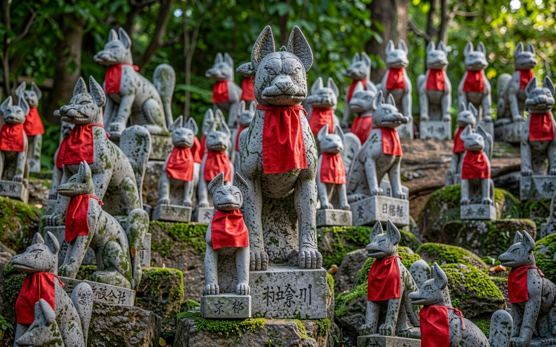 Каменные статуи лис с красными шарфами