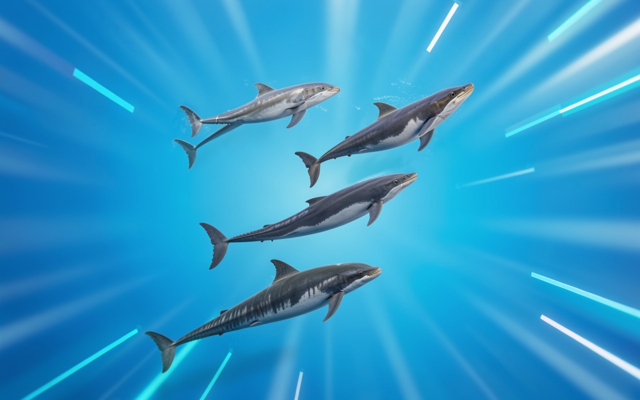 Четыре синих дельфина в неоновом пространстве