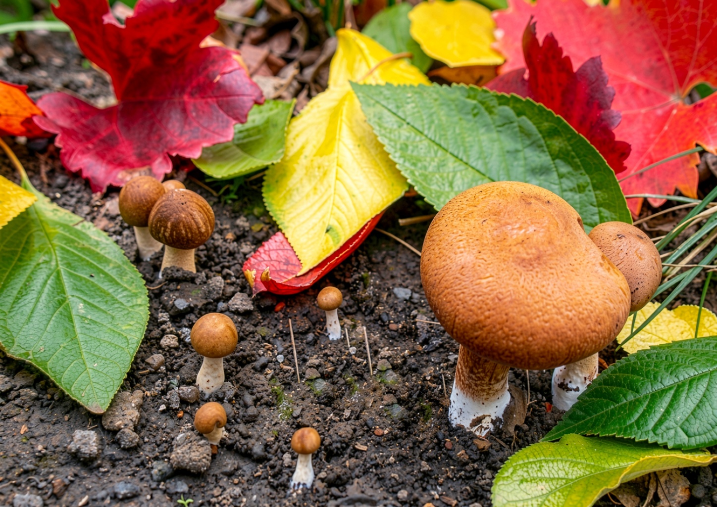 Коричневые грибы среди осенних разноцветных листьев