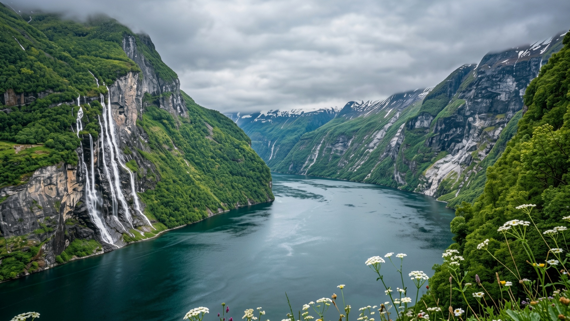 Водопад в норвежском фьорде при пасмурной погоде