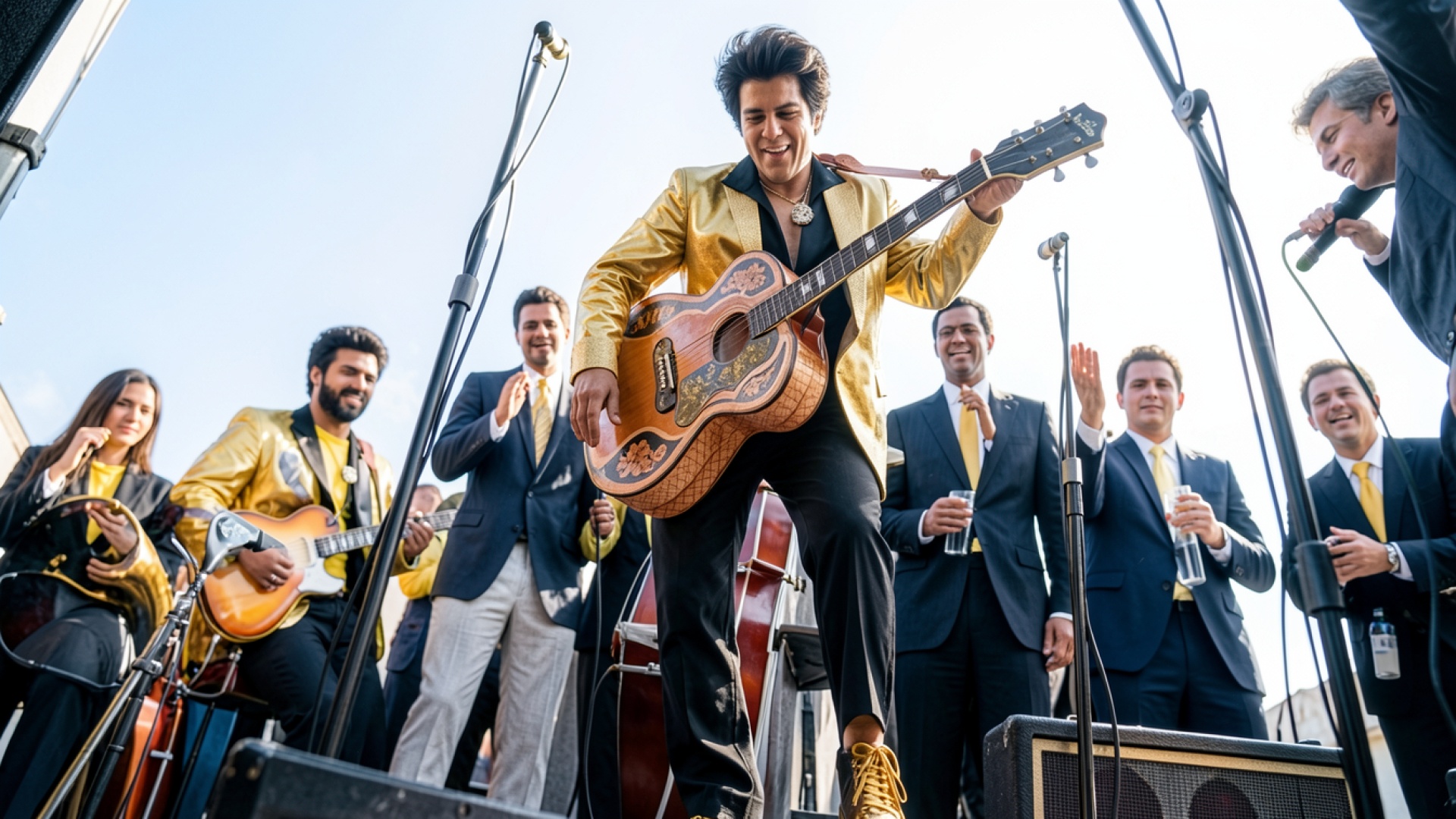 Музыкант в золотом пиджаке с гитарой