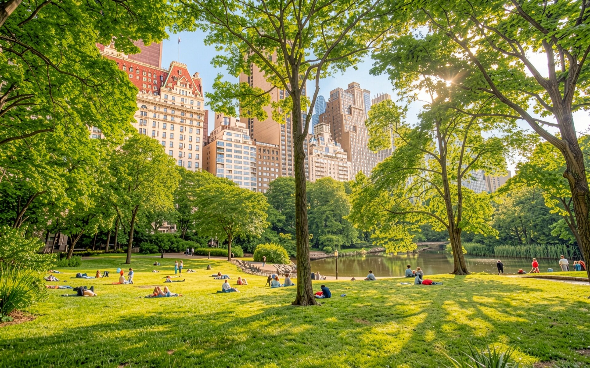 Центральный парк Нью-Йорка солнечный летний день