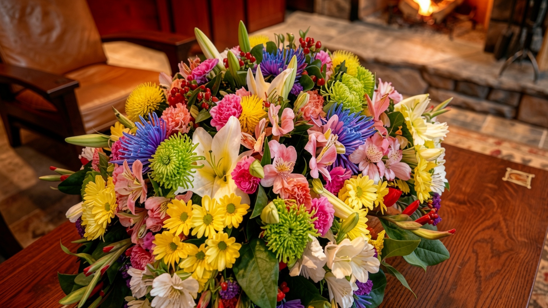 Разноцветный букет цветов на деревянном столе