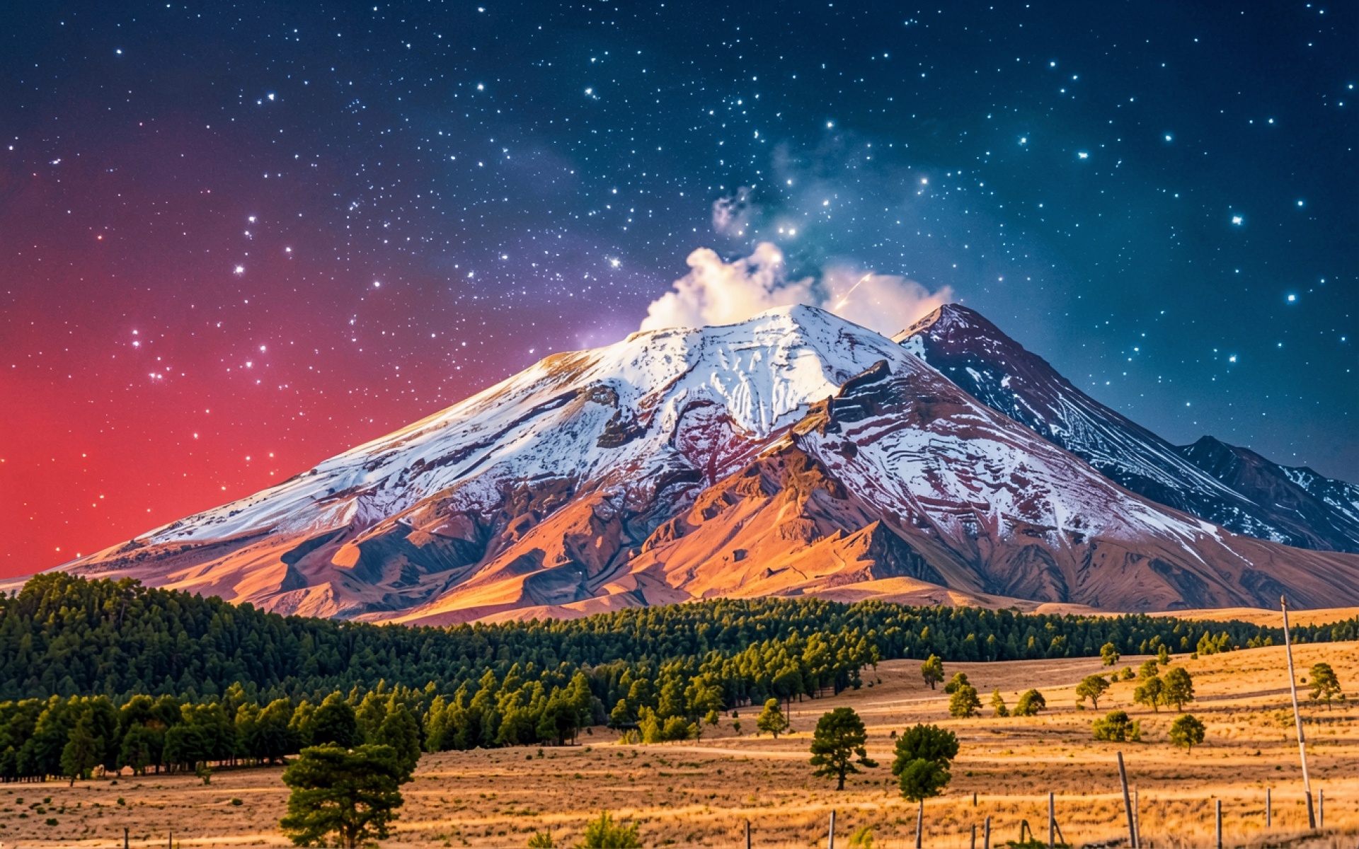 Снежный вулкан под звездным ночным небом