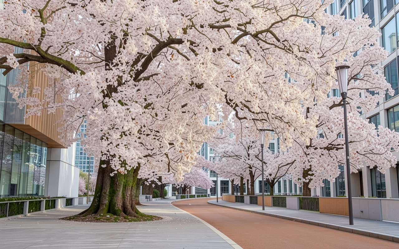Цветущая сакура в современном городском квартале