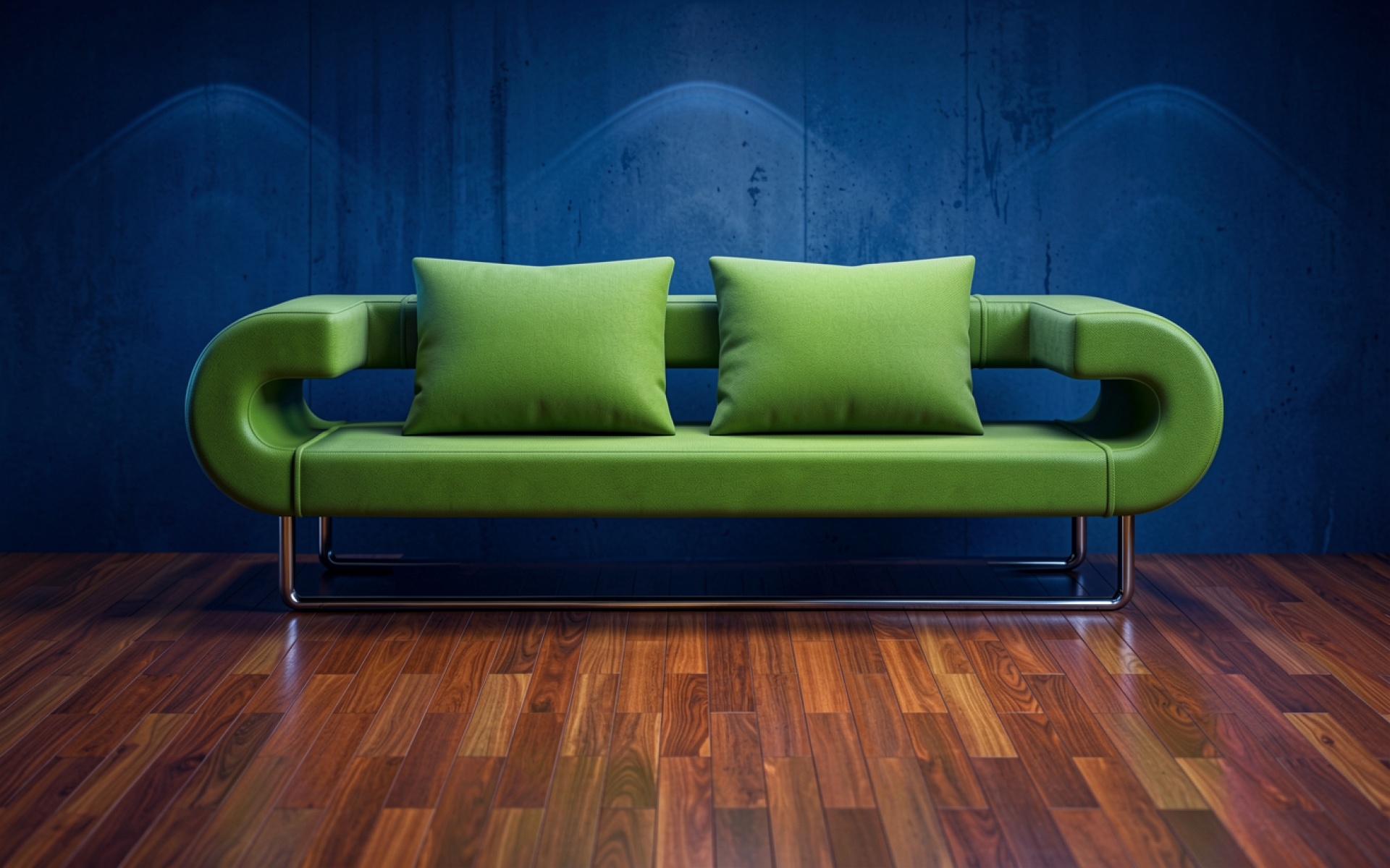 Зеленый современный диван в синей комнате