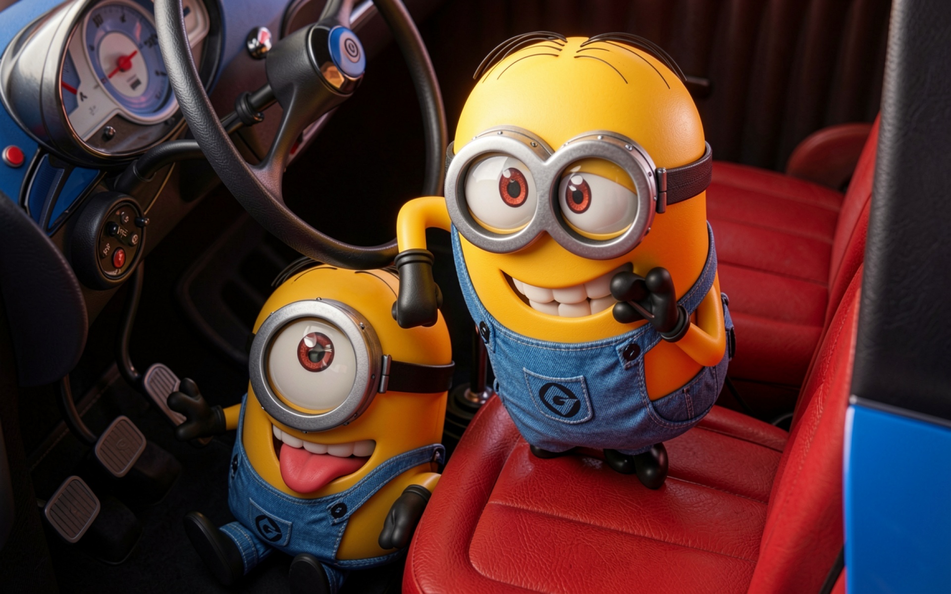 Миньоны в салоне синего автомобиля красные сиденья