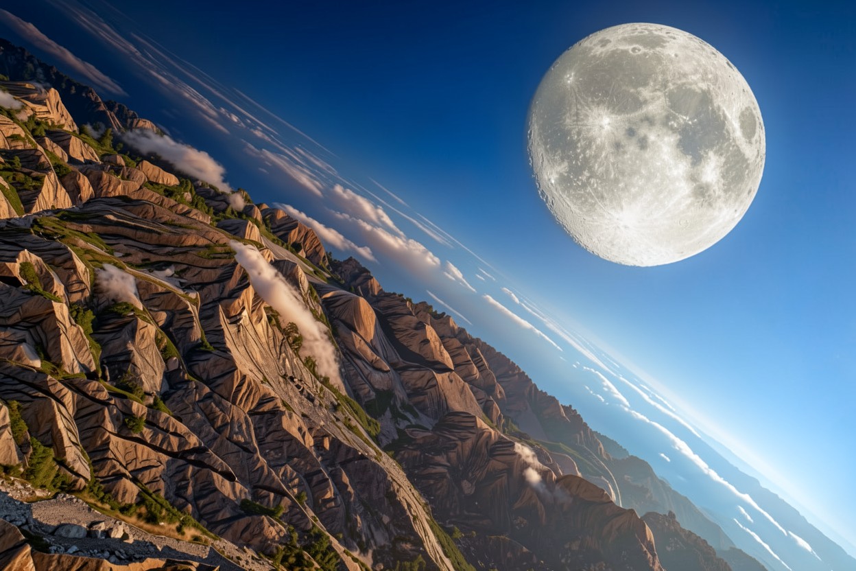 Огромная луна над острыми скалами гор