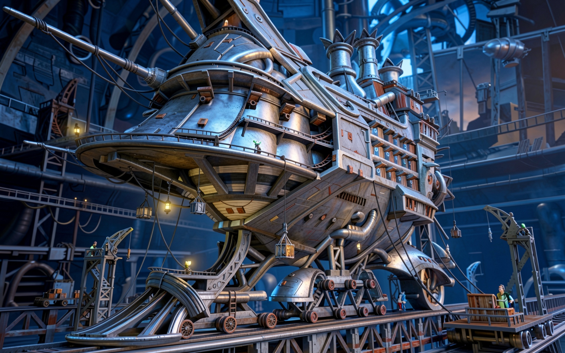 Стимпанк дирижабль в индустриальном городе из стали