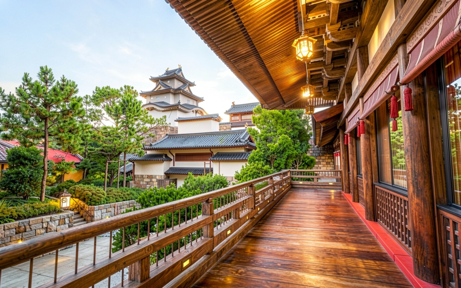 Японский замок в вечернем свете с деревянным коридором