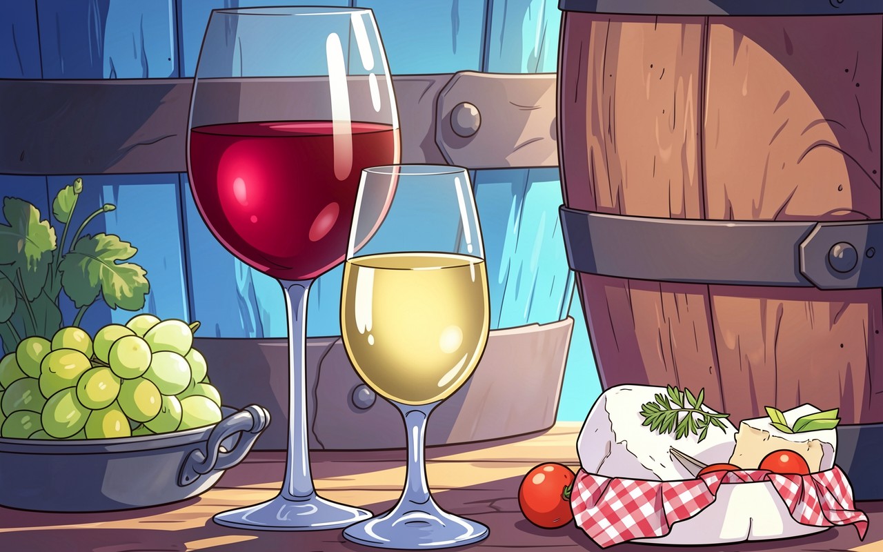 Бокалы красного и белого вина с сыром