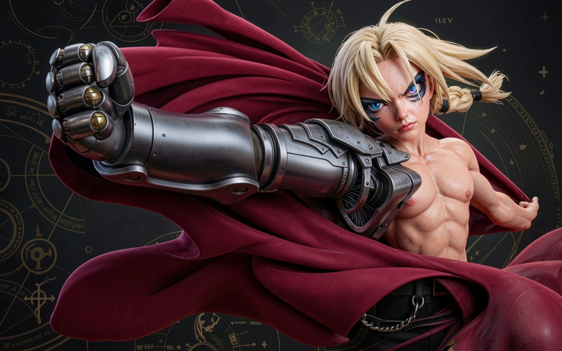 Эдвард Элрик с металлическим протезом в красном плаще