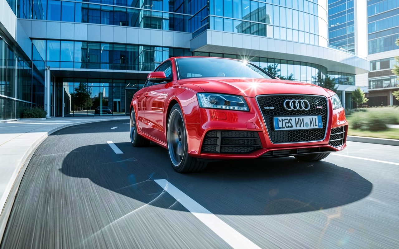 Красный автомобиль Audi перед современным офисным зданием