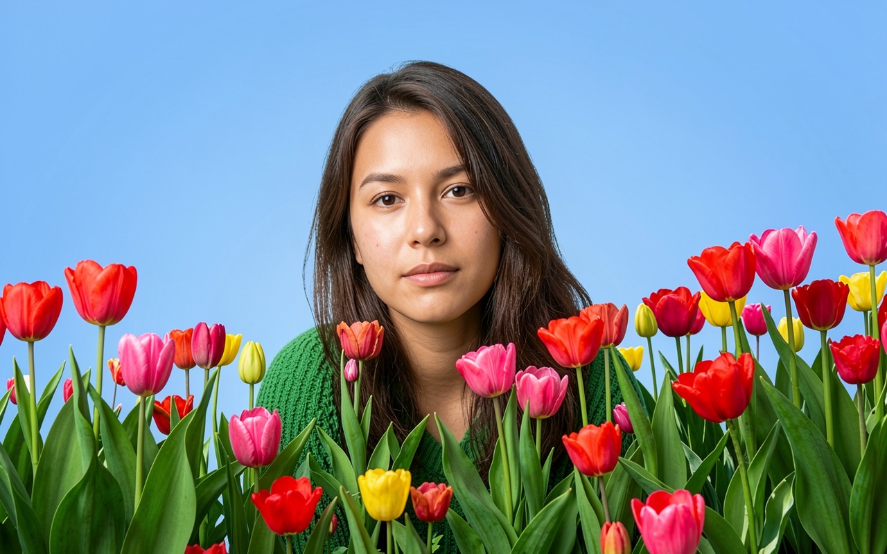 Девушка в зеленом свитере среди разноцветных тюльпанов