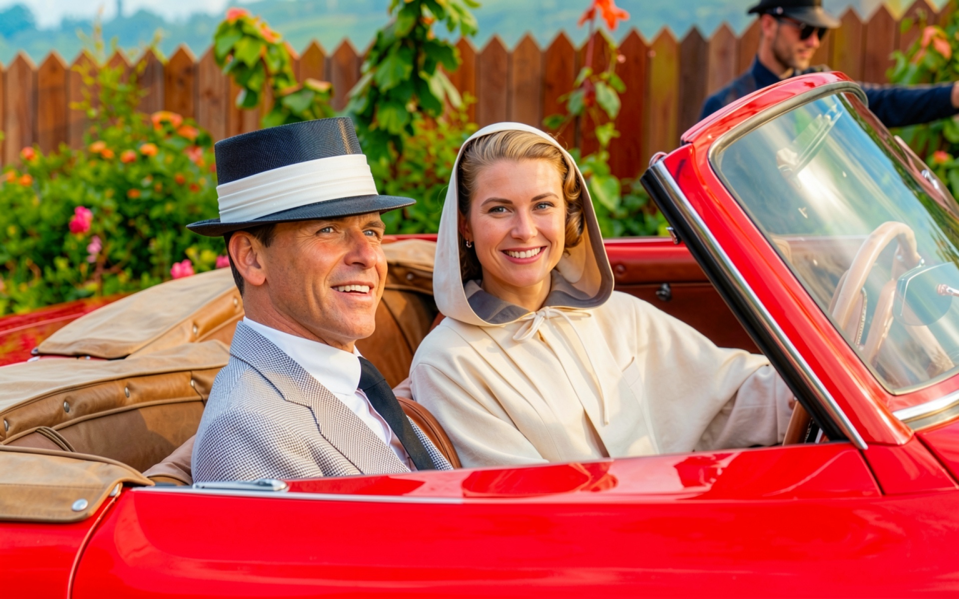 Пара в красном кабриолете в ретро стиле