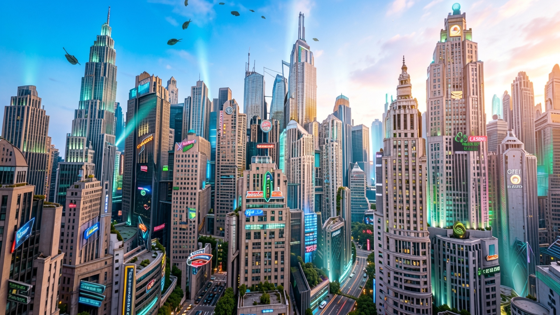 Футуристический город с неоновыми вывесками в сумерках