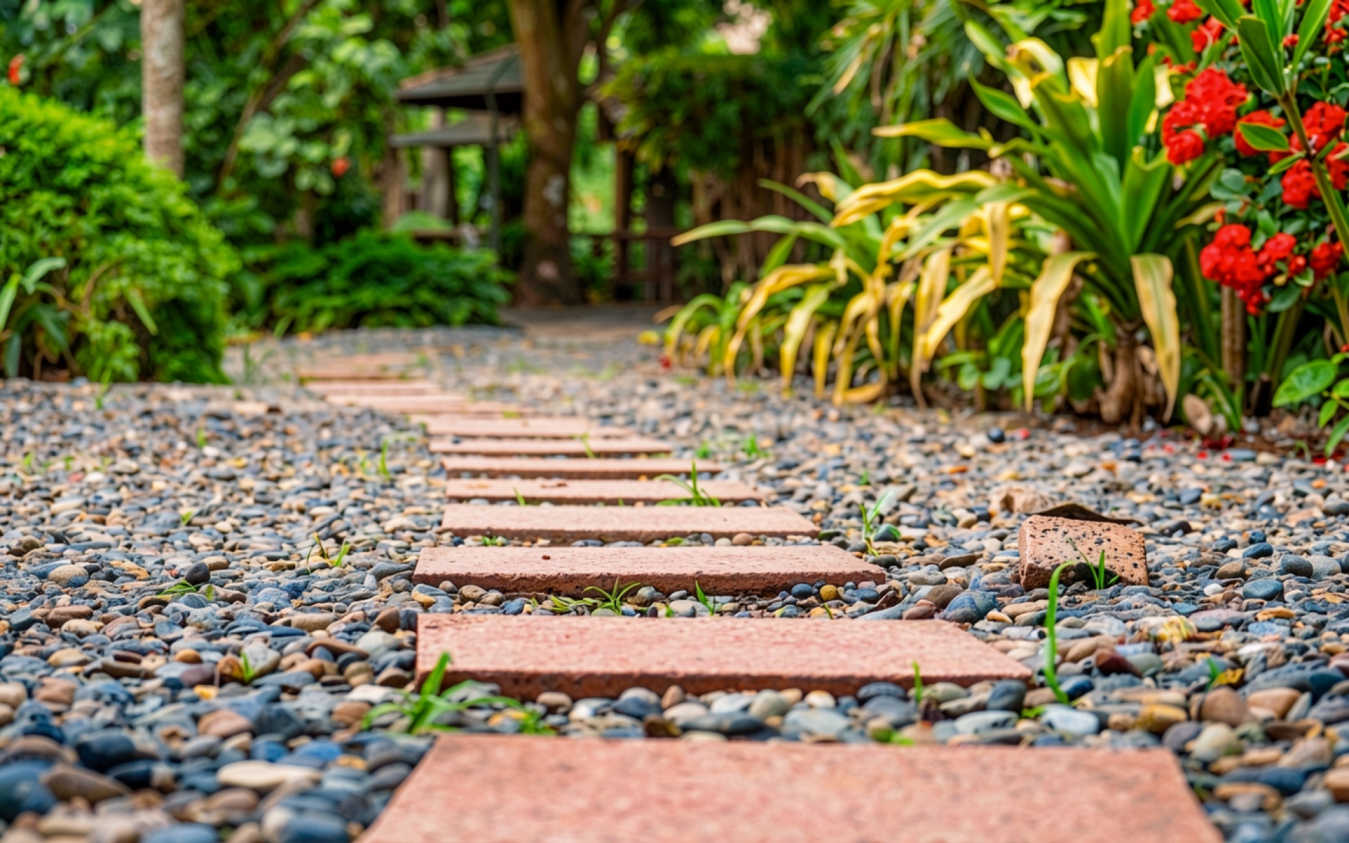 Каменная дорожка в тропическом саду с цветами